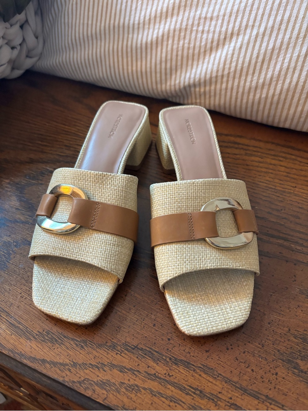Nordstrom Beige Woven Slide Sandals with Tan Strap and Gold Buckle